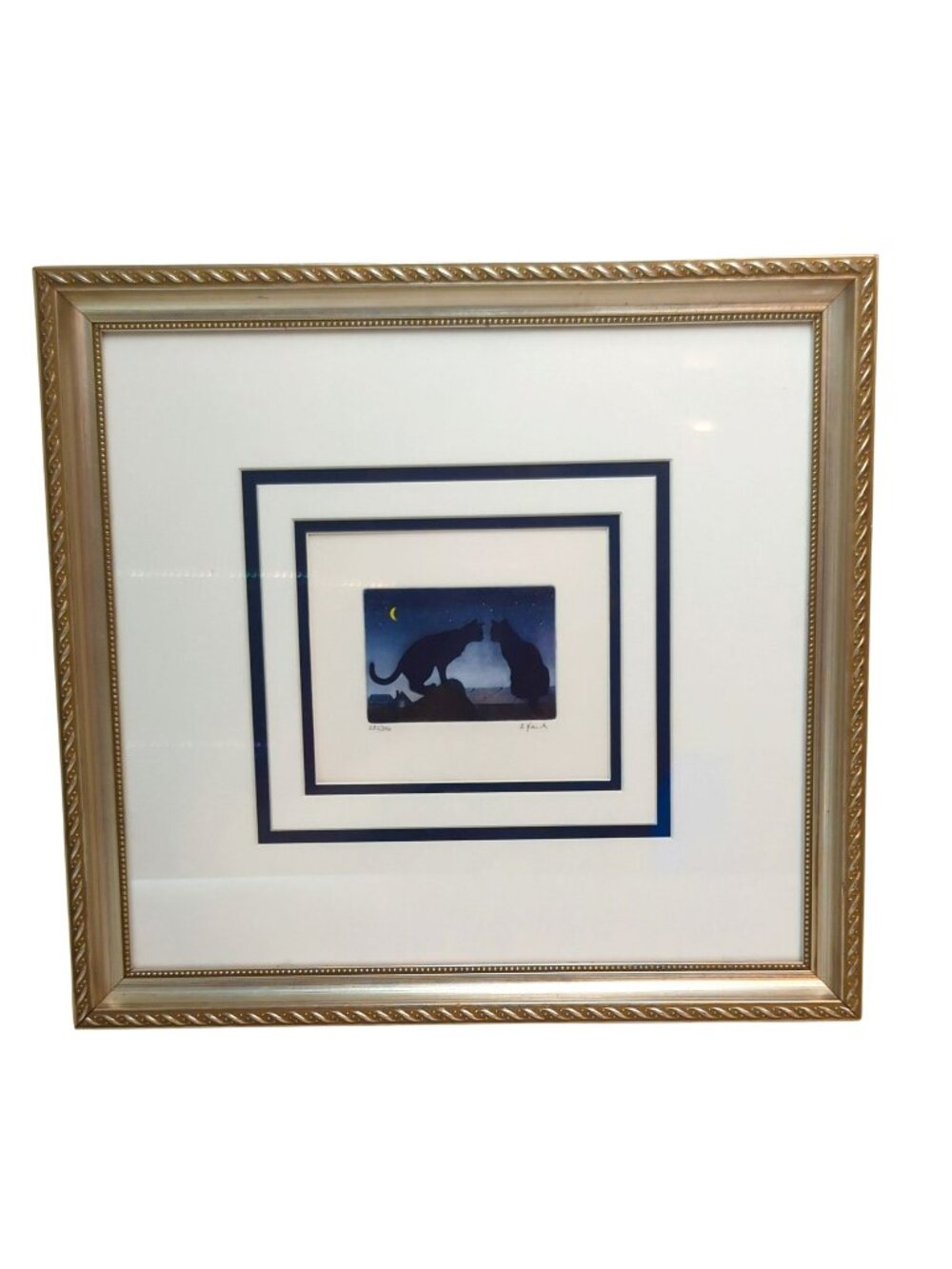 Bernd Hauck Signed Limited Edition Cats on Rooftop Print 282/350 Gold Frame